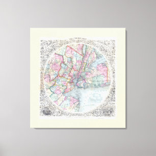 Impressão Em Tela Mapa de Nova Iorque e 33 milhas ao redor de 1879