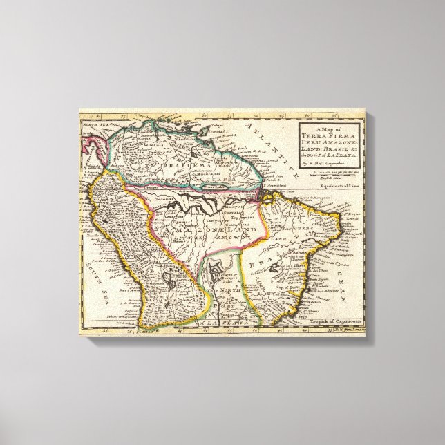 Impressão Em Tela Mapa de Terra Firma, Peru, Amazônia, Brasil (Frente)