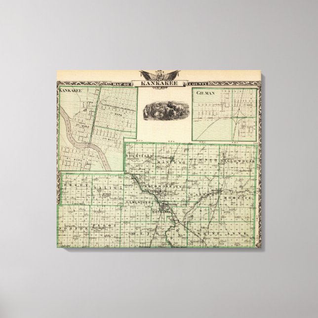 Impressão Em Tela Mapa do condado de Kankakee, Kankakee e Gilman (Frente)