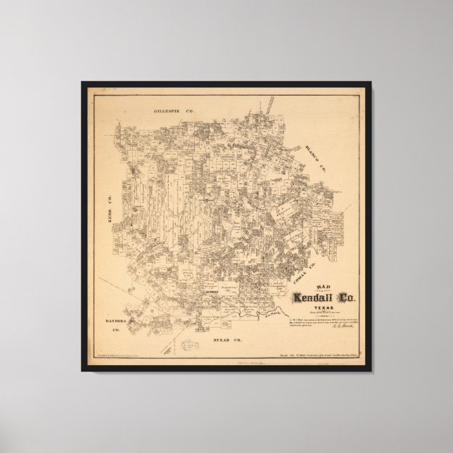Impressão Em Tela Mapa do Condado de Kendall, Texas (1879) (Frente)