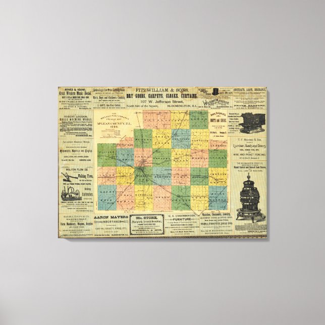 Impressão Em Tela Mapa do Condado de McLean, Illinois 1886 (Frente)