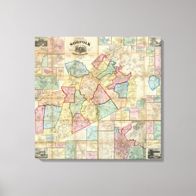 Impressão Em Tela Mapa do Condado de Norfolk, Massachusetts (Frente)