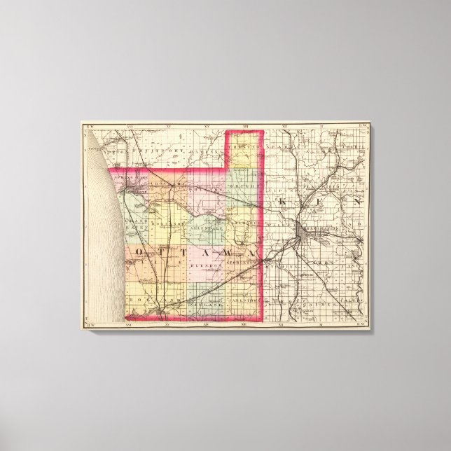 Impressão Em Tela Mapa do Condado de Ottawa, Michigan (Frente)
