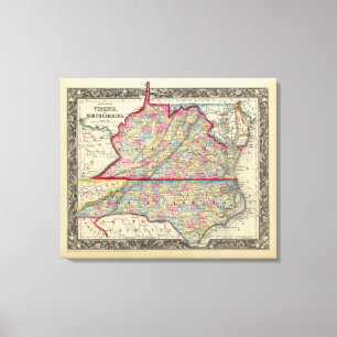 Impressão Em Tela Mapa do condado de Virgínia, e de North Carolina