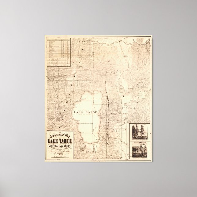Impressão Em Tela Mapa do Lago Tahoe Calfornia (1874) (Frente)