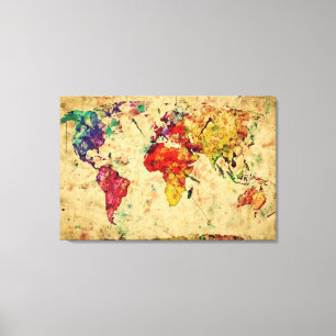 Impressão Em Tela Mapa do mundo da aguarela do vintage