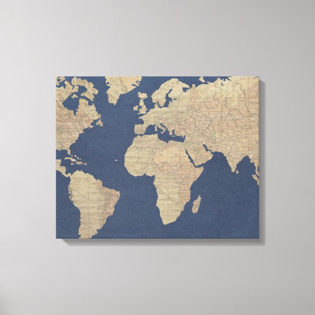 Impressão Em Tela Mapa do Mundo Dourado e Azul (Frente)