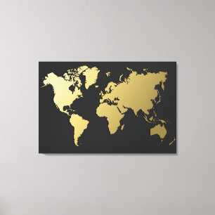 Impressão Em Tela Mapa do mundo Dourado em Chevron preto