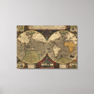 Impressão Em Tela Mapa do Mundo Vintage em 1595 por Jodocus Hondius