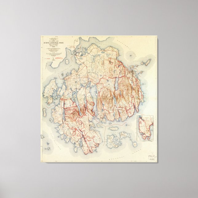 Impressão Em Tela Mapa do Parque Nacional Acadia, Maine (1942) (Frente)