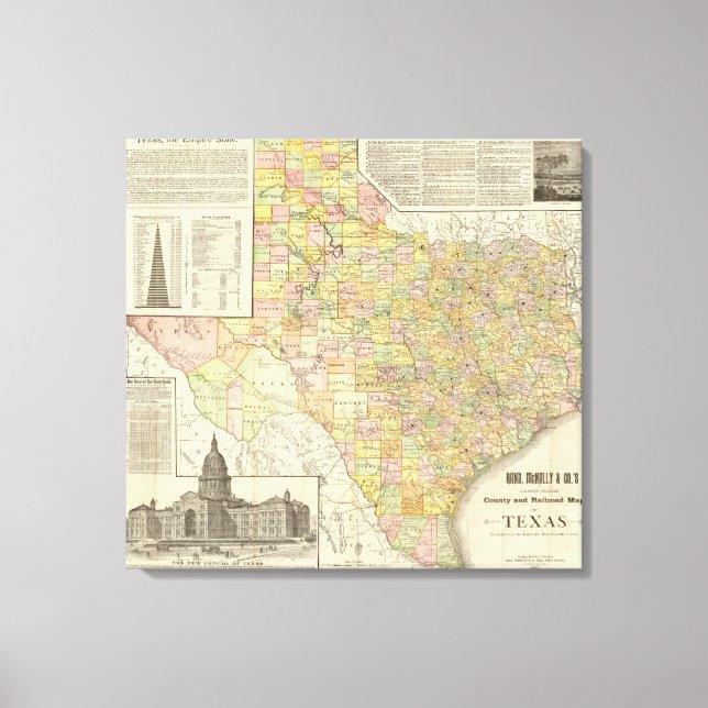 Impressão Em Tela Mapa do Texas para o Condado de Large Scale e o Ca (Frente)