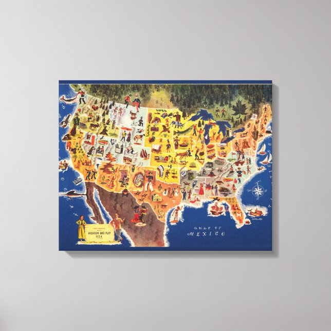 Impressão Em Tela Mapa dos Estados Unidos - Férias e Jogar (Frente)