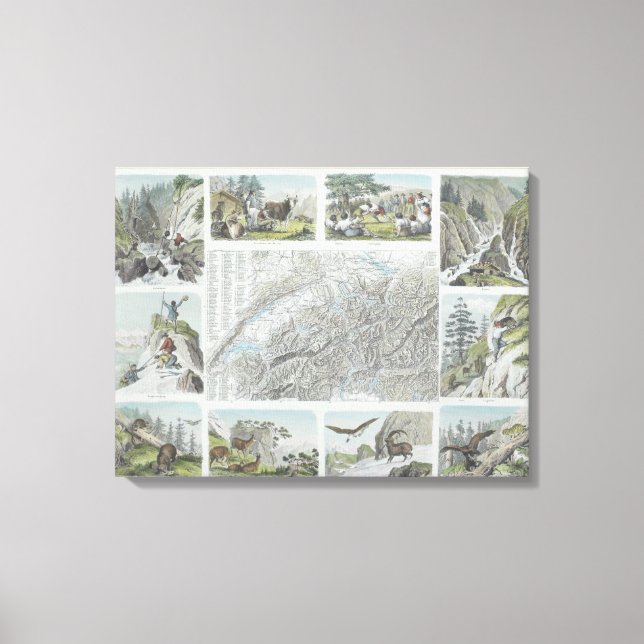Impressão Em Tela Mapa e Vignetos dos Alpes suíços (Frente)