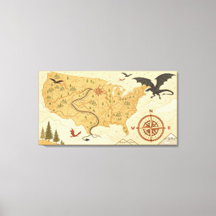 Impressão Em Tela Mapa Fantástico de Dragões dos EUA – Aventura Vint