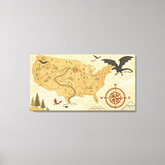 Impressão Em Tela Mapa Fantástico de Dragões dos EUA – Aventura Vint