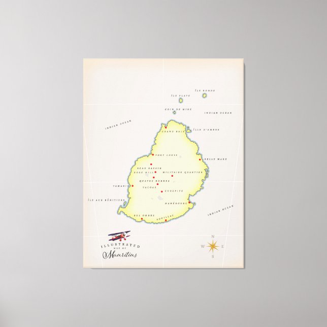 Impressão Em Tela Mapa ilustrado de Maurícia (Frente)