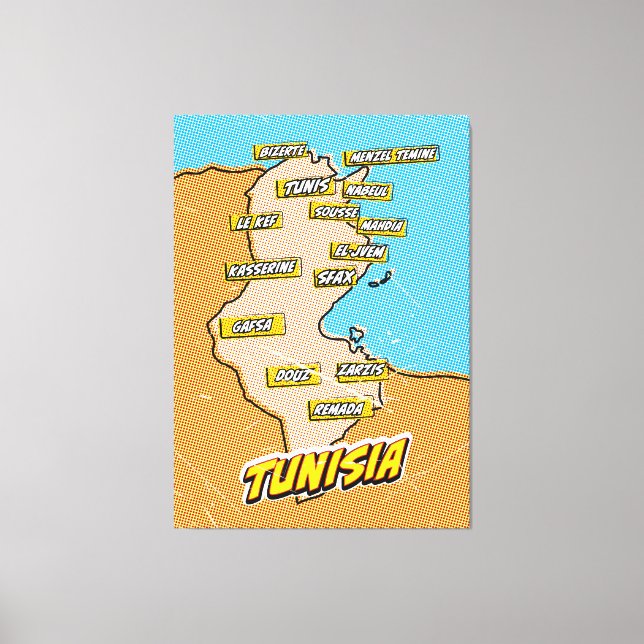 Impressão Em Tela Mapa ilustrado de Tunísia em Pop Art (Frente)