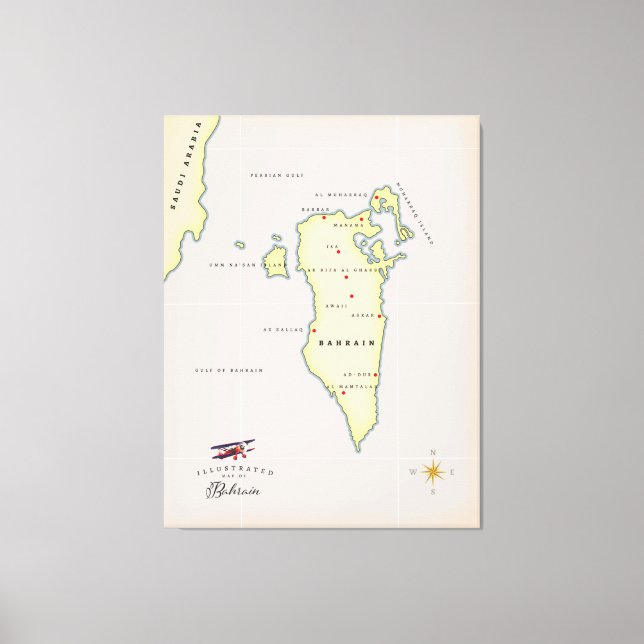 Impressão Em Tela Mapa Ilustrado do Bahrein (Frente)