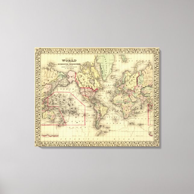 Impressão Em Tela Mapa Mundial com as rotas marítimas dos explorador (Frente)