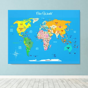Impressão Em Tela Mapa Mundial com Bandeiras