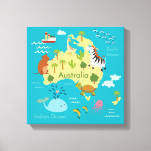 Impressão Em Tela Mapa Mundial de Animais da Austrália para Crianç