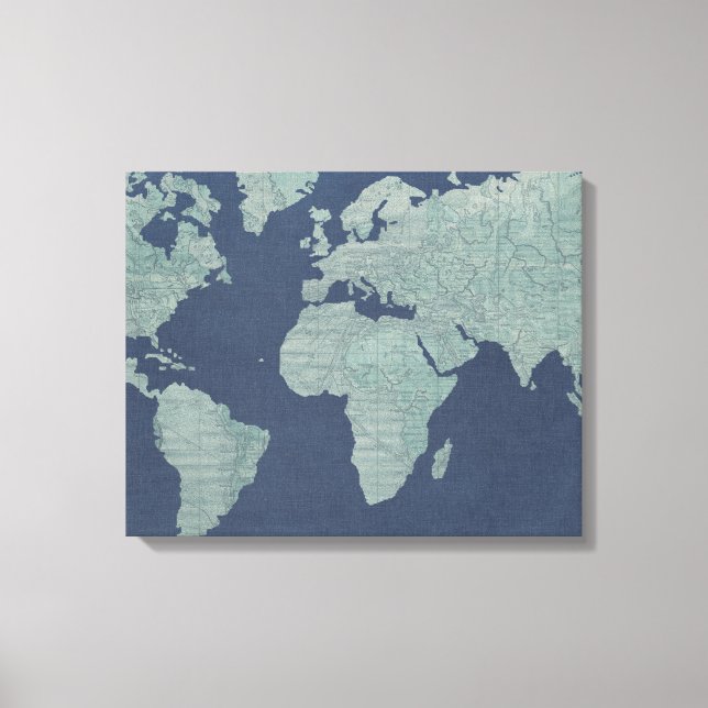 Impressão Em Tela Mapa Mundial de Linen Azul (Frente)