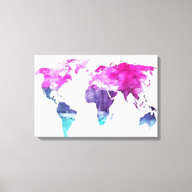 Impressão Em Tela Mapa Mundial em Tela de Arte com Aquarela Vibrante (Frente)