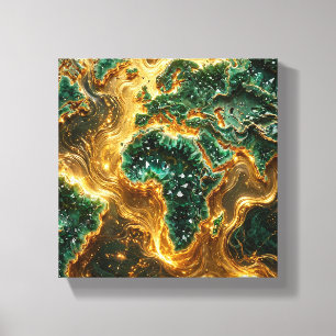 Impressão Em Tela Mapa Mundial em Tela de Verde Esmeralda e Dourado