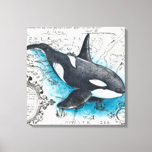 Impressão Em Tela Mapa náutico de Cor Azul de Baleia Orca