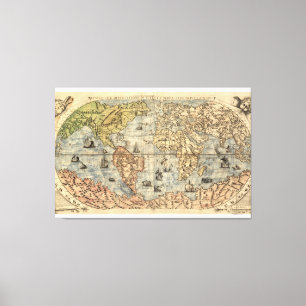 Impressão Em Tela Mapa pictórico do mundo de Ferando Berteli de 1565