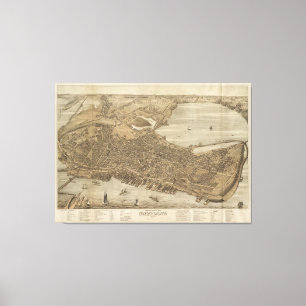 Impressão Em Tela Mapa pictórico do vintage de Portland Maine (1876