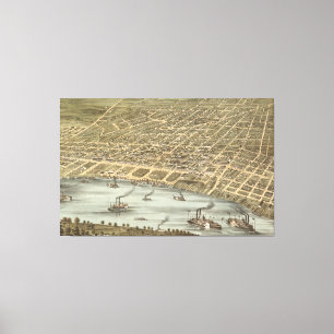 Impressão Em Tela Mapa Pictórico Vintage de Memphis Tennessee (1870)