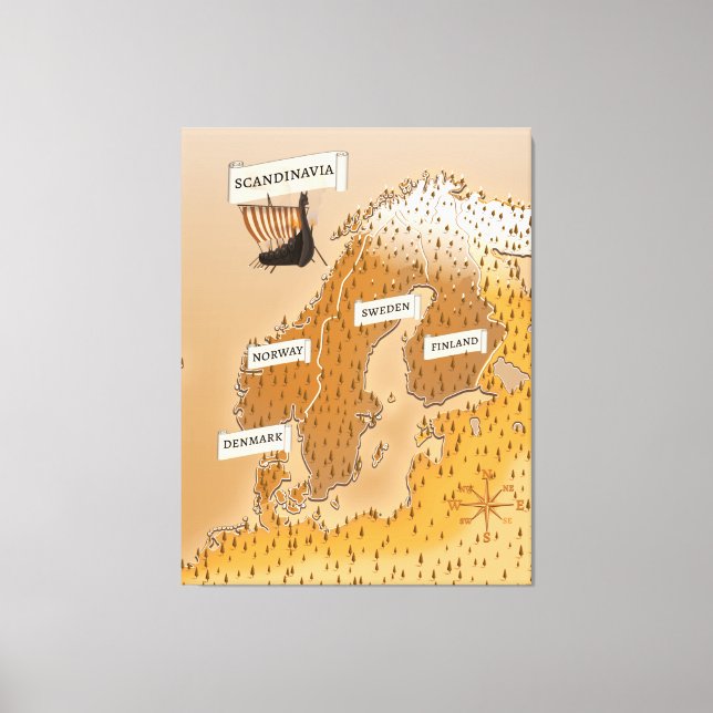 Impressão Em Tela Mapa Sepia Da Escandinávia (Frente)
