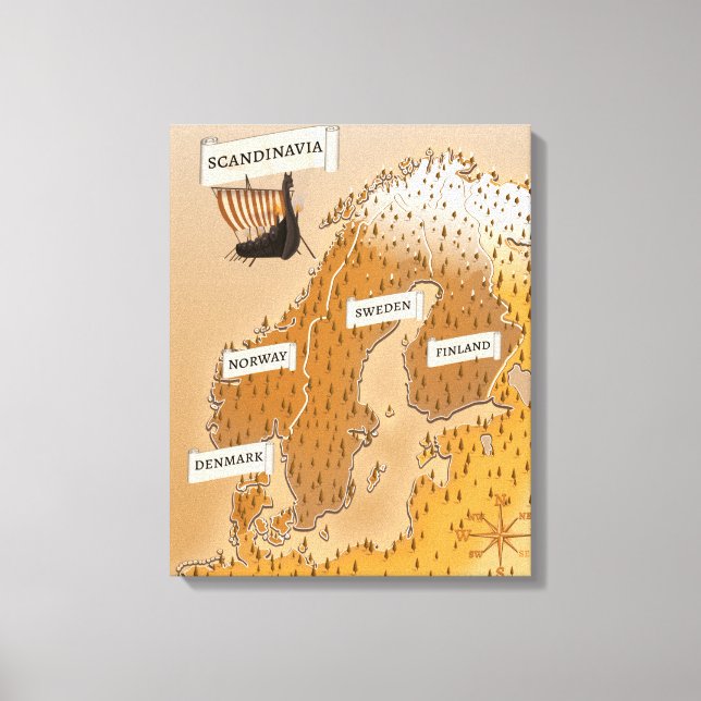 Impressão Em Tela Mapa Sepia da Escandinávia (Frente)