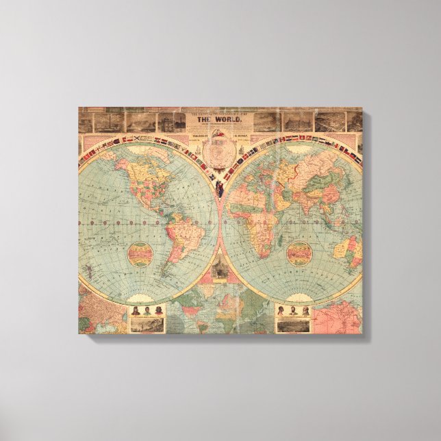 Impressão Em Tela Mapa Vintage do Mundo (1883) (Frente)
