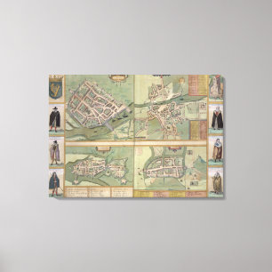 Impressão Em Tela Mapas de Galway, de Dublin, de quintilha jocosa, e