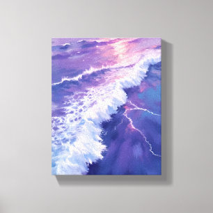 Impressão Em Tela Maré Roxa   Pintura em Aquarela Ondas do Oceano