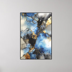 Impressão Em Tela Mármore de Meia-Noite: Abstrato Azul e Dourado