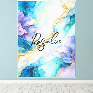Impressão Em Tela Mármore Floral Abstrato Azul Turquesa Roxo Dourado