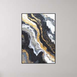 Impressão Em Tela Mármore Preto, Branco e Dourado Fluxo Abstrato Par