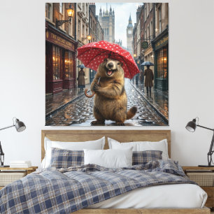 Impressão Em Tela Marmota Fofa em Londres com Guarda-Chuva de Bolinh
