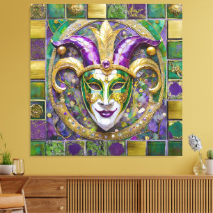 Impressão Em Tela Máscara de Jester do Mardi Gras Roxa Verde Dourada