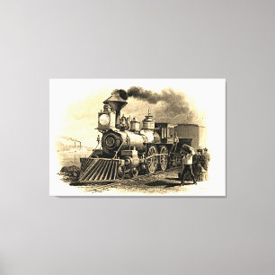 Impressão Em Tela Mecanismo de trem a vapor Sepia Vintage: 48" x 32"