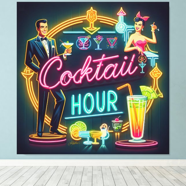 Impressão Em Tela Meio século Neon Sign Cocktail Casal (Insitu(piso de madeira))
