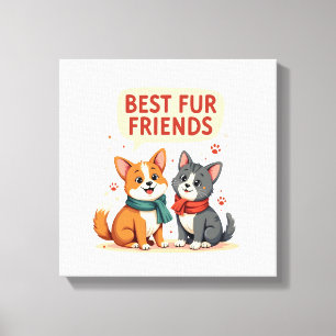 Impressão Em Tela Melhores Amigos de Pelos Vintage Gato e Cachorro C