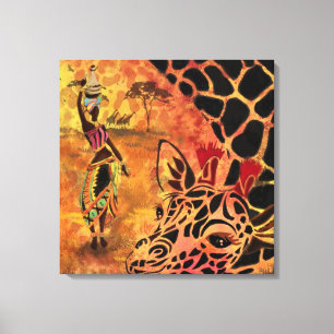 Impressão Em Tela Menina Africana e Girafa - Amigos - Desenho Artíst