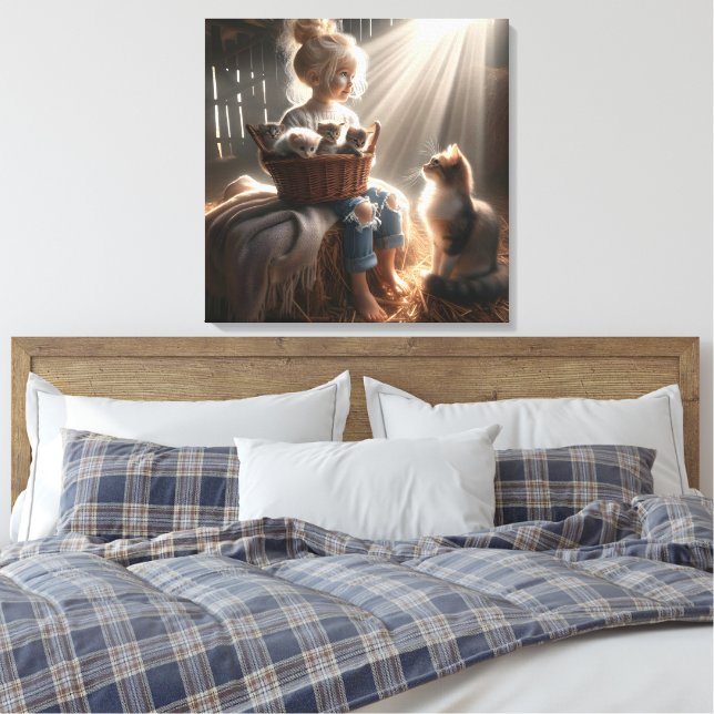 Impressão Em Tela Menina com uma cesta de gatinhos (Insitu(Quarto))