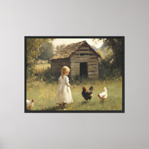 Impressão Em Tela Menina da Fazenda de Frangos e Arte Simples de Pás