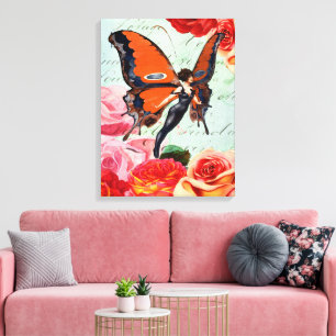 Impressão Em Tela Menina Fada Borboleta Vintage Arte Floral Rosa Ros