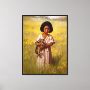 Impressão Em Tela Menina Nativa Americana com Coelho  
